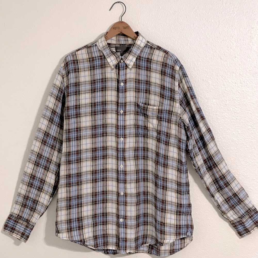 Vince - Long Sleeve Button Up - Tartan Plaid - 100% Linen - Size XL